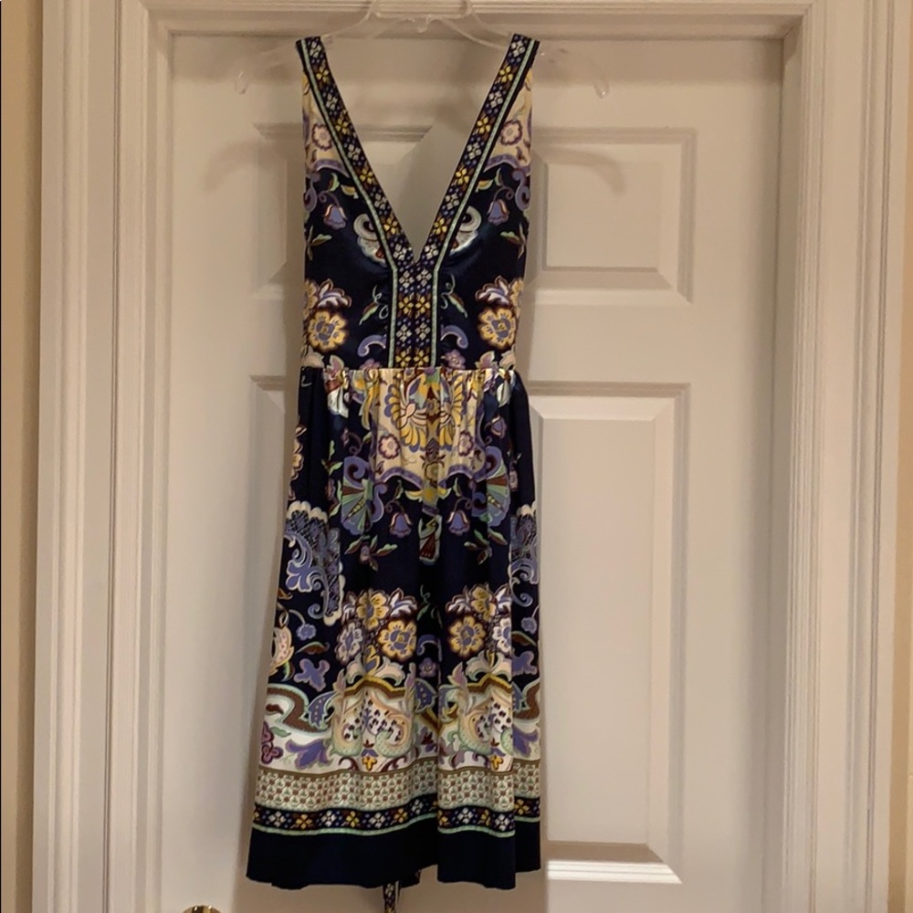 Dress Barn Floral V-Neck Dress - Navy, Yellow, Purple